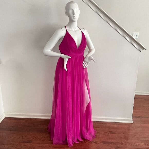 Maniju Magenta Formal Tulle Evening Gown Side Slit - Picture 7 of 12